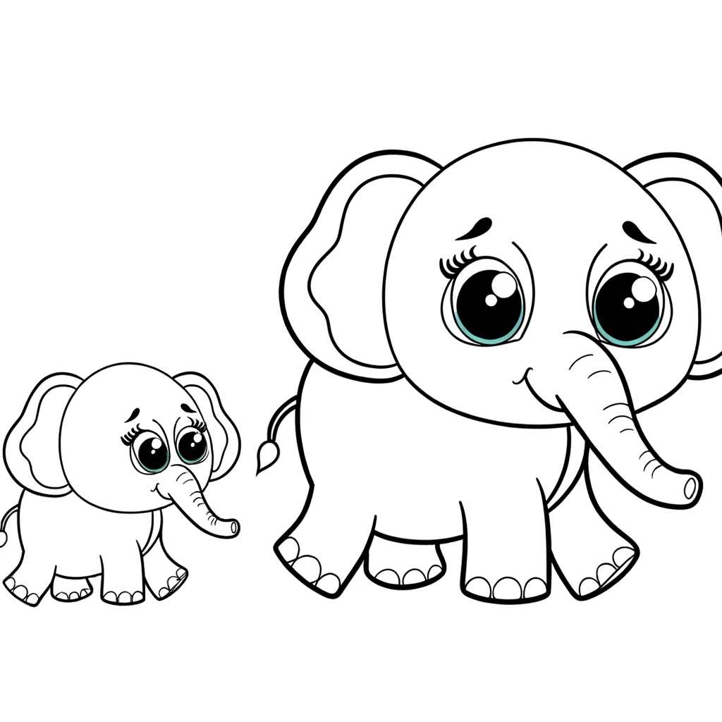 Coloring page illustration of a baby elephant calf following behind its mother elephant
