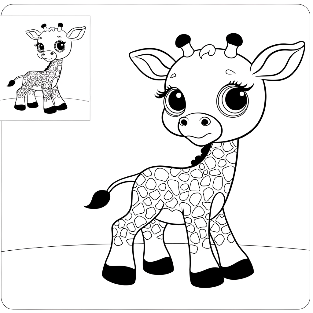 Coloring page of a cute baby giraffe with long wobbly legs standing in a simple outline drawing