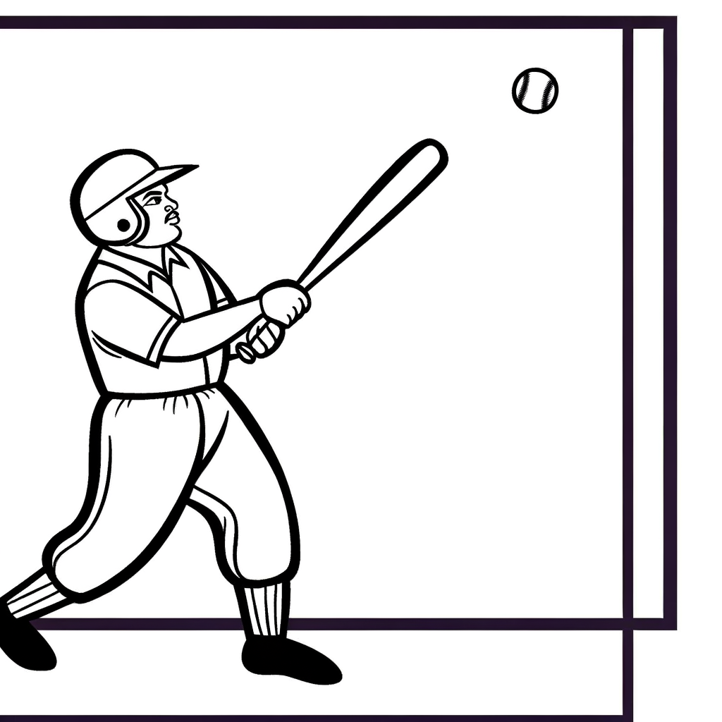 Baseball player swinging a bat at a pitch coloring page
