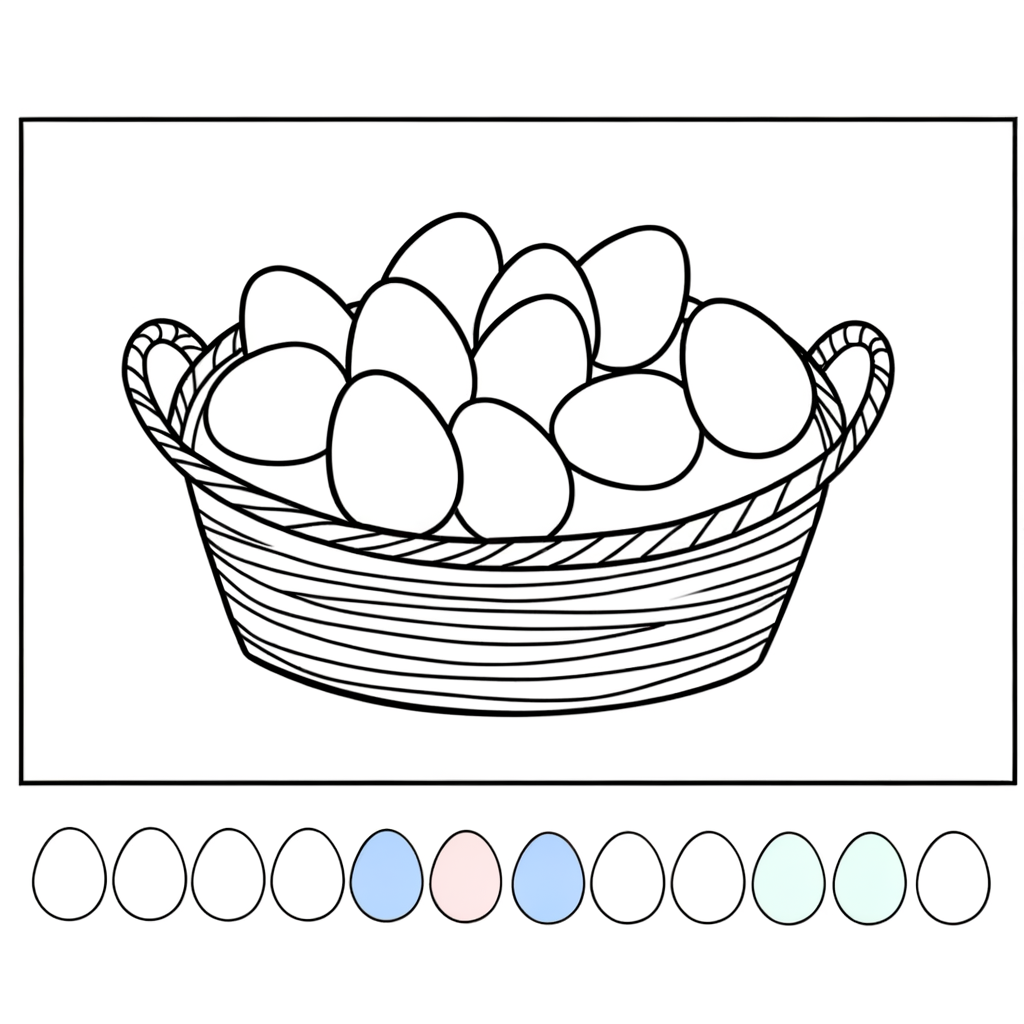 Line drawing of a wicker basket filled with pastel Easter eggs for coloring