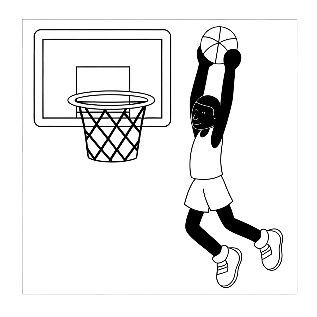 Basketball player dunking ball through hoop coloring page