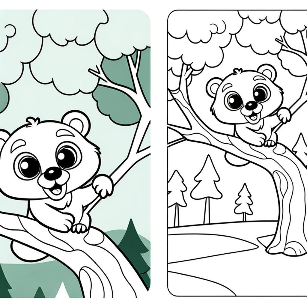 Coloring page illustration of a cute bear cub climbing up a tree trunk