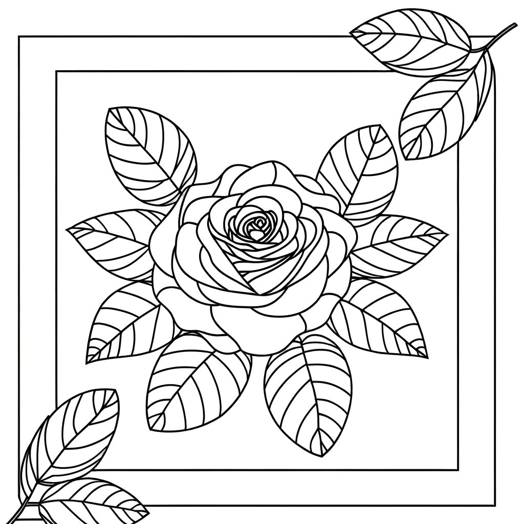 Detailed rose coloring page with beautiful petals and leaves outline drawing