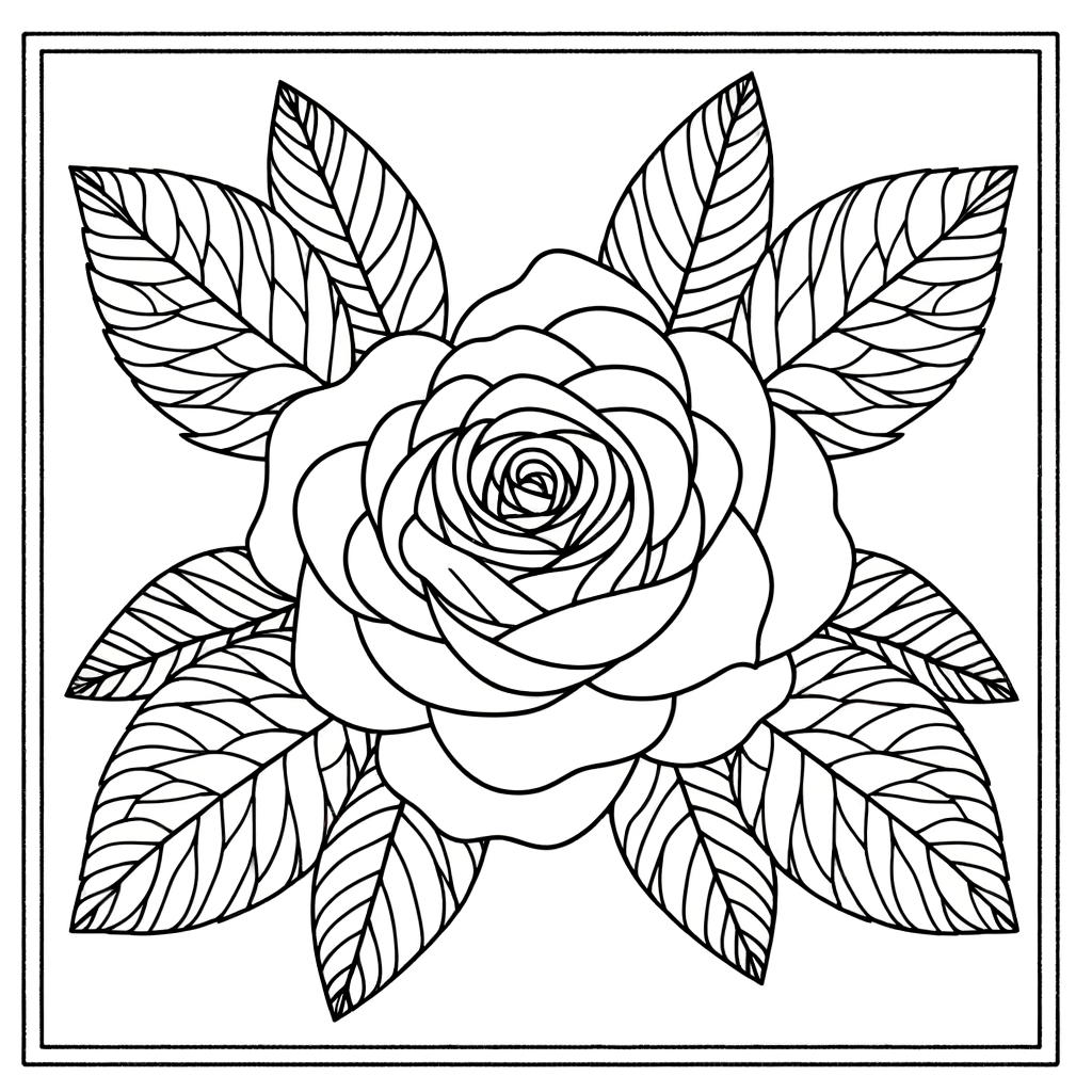 Detailed rose coloring page with ornate petals and leaves for printing
