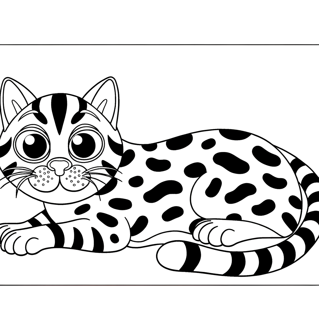 Bengal cat coloring page showing a spotted cat lounging in a relaxed position with detailed pattern markings