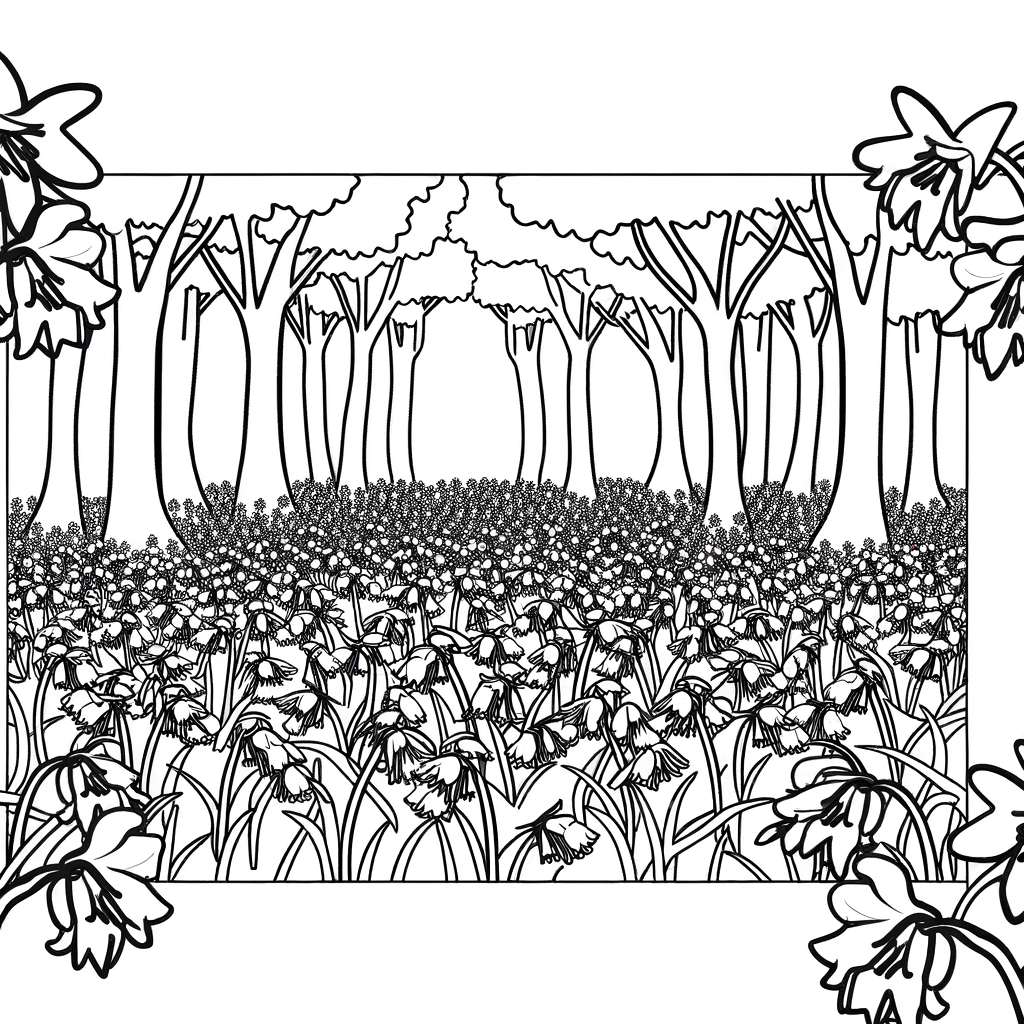 Coloring page showing a carpet of bluebell flowers covering a forest floor with trees in the background