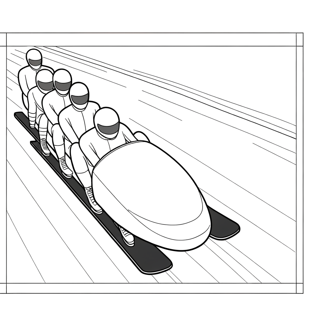 Coloring page showing a bobsled team of four athletes racing down an icy curved track