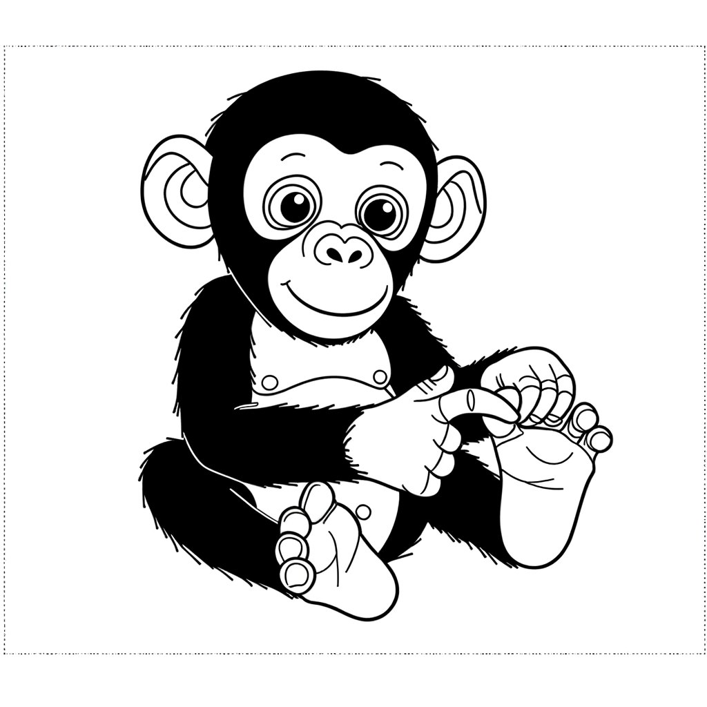 Coloring page of a bonobo monkey playing peacefully in a natural setting