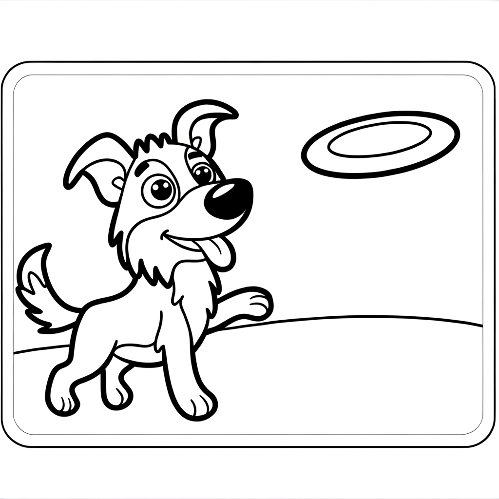 Coloring page of a Border Collie dog jumping in mid-air to catch a frisbee