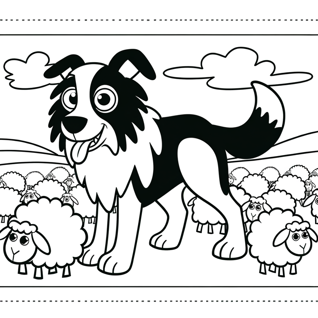Border Collie dog herding sheep in a field coloring page