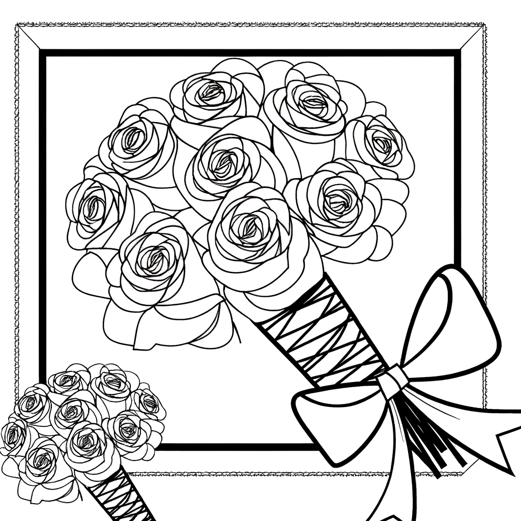 a bouquet of roses tied with ribbon coloring page