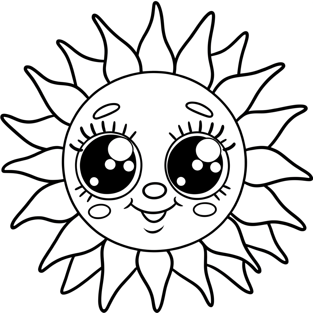 Coloring page of a bright sun with warm shining rays