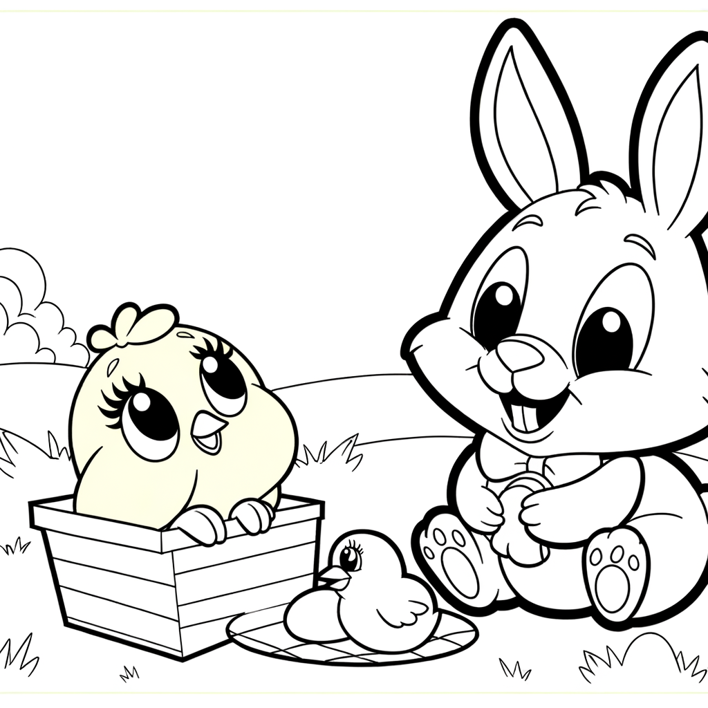 Coloring page of a bunny and baby chick having a picnic with basket and blanket
