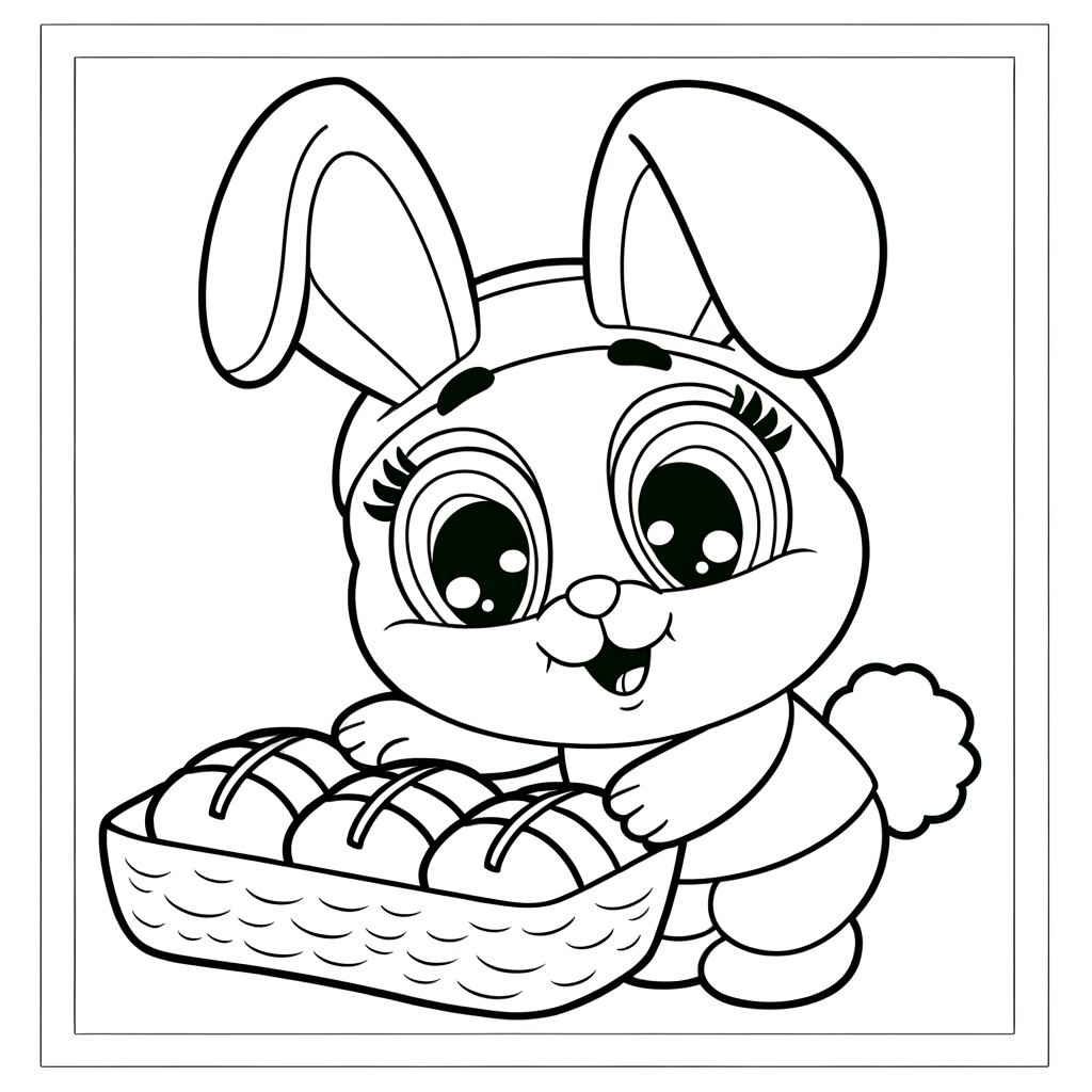 Coloring page of a cute bunny baker with chef hat making hot cross buns in kitchen
