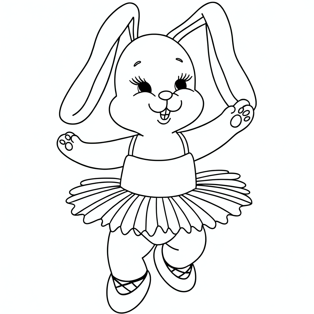 Coloring page of a cute bunny rabbit wearing a tutu and dancing like a ballerina