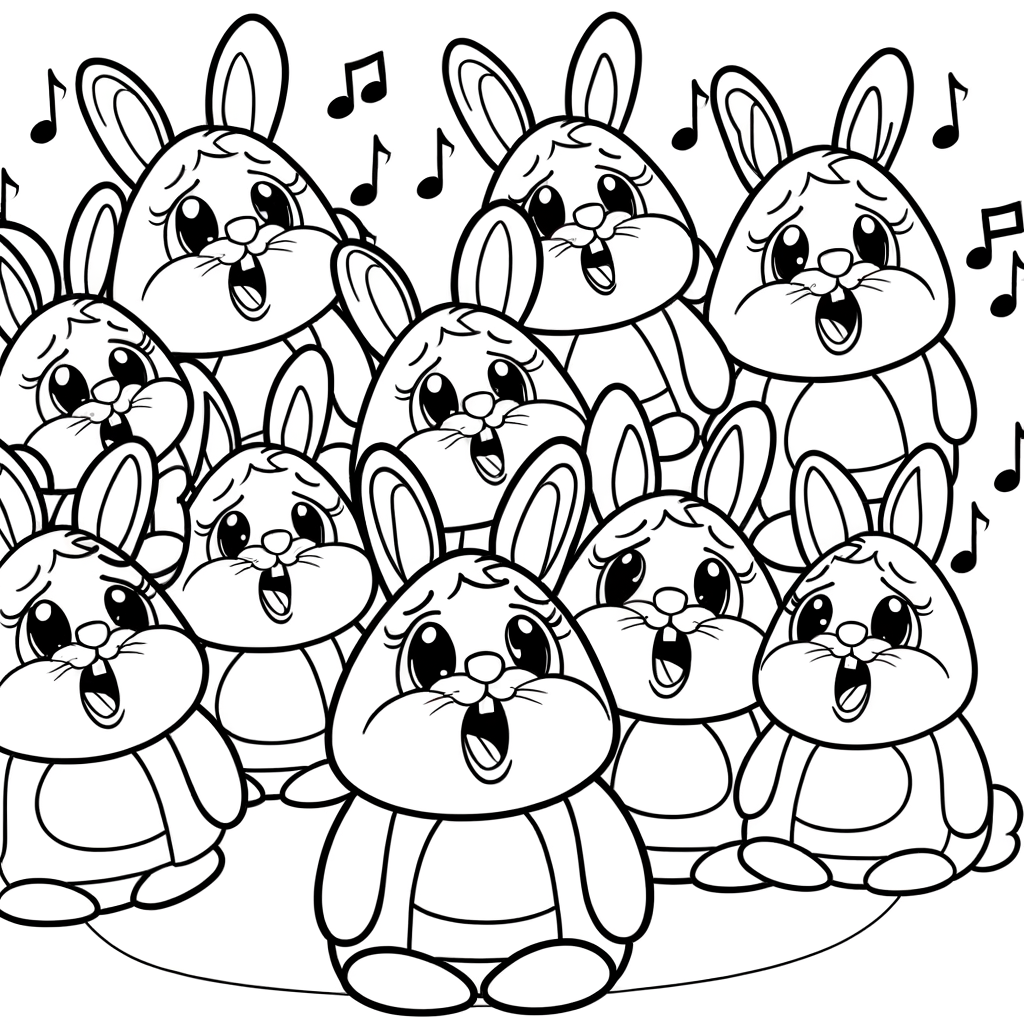 Coloring page showing a group of cute bunnies in a choir formation singing spring songs together