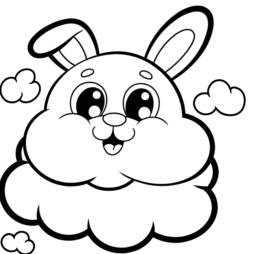 Cute bunny-shaped cloud floating in sky coloring page for kids