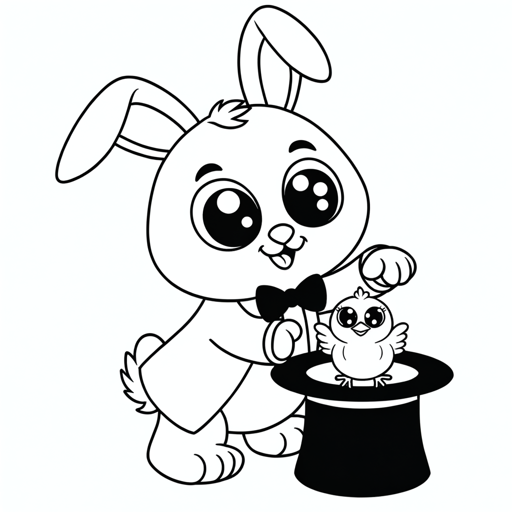 Bunny magician coloring page showing a rabbit in magician outfit pulling a baby chick from a top hat