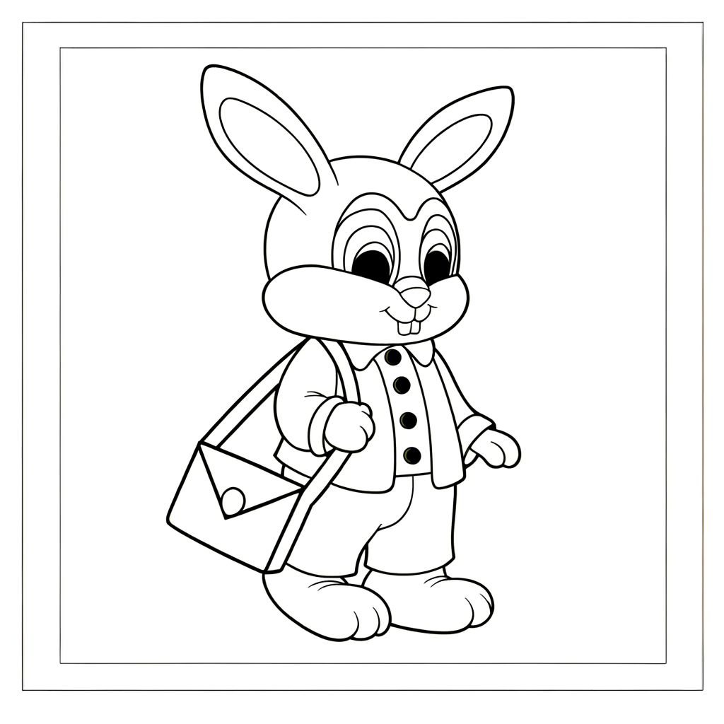 Coloring page of a cute bunny mailman in uniform delivering Easter greeting cards