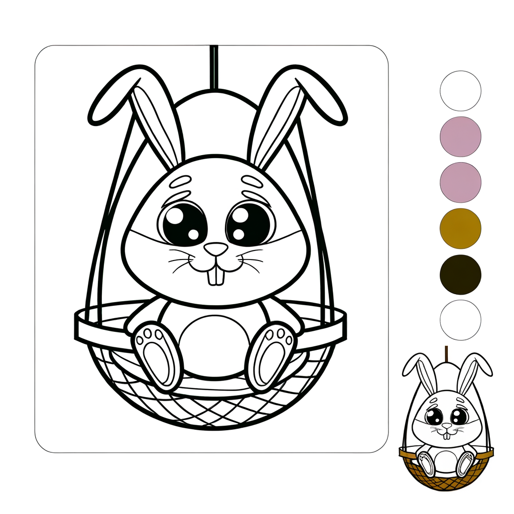 Coloring page of a cute bunny rabbit sitting on an Easter egg shaped swing