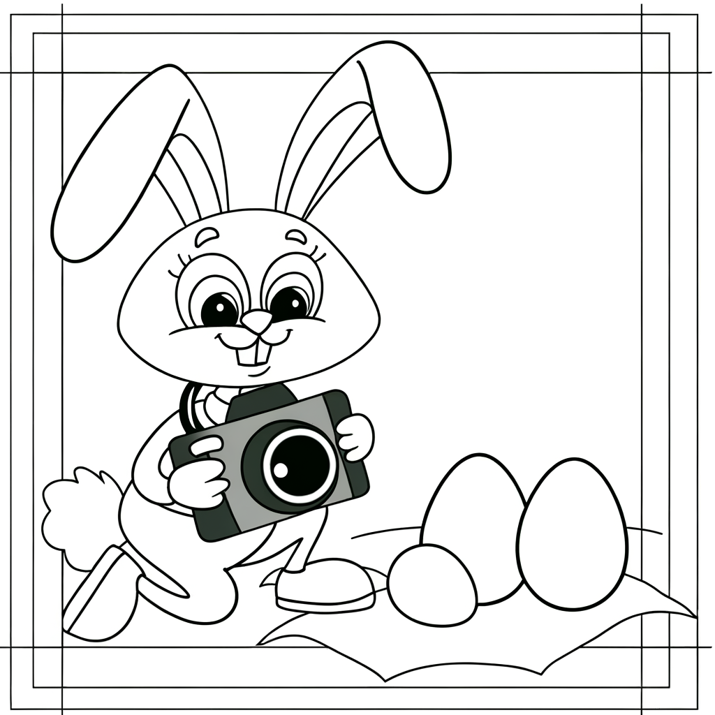 Coloring page of a cute bunny rabbit holding a camera and taking photographs of decorated Easter eggs