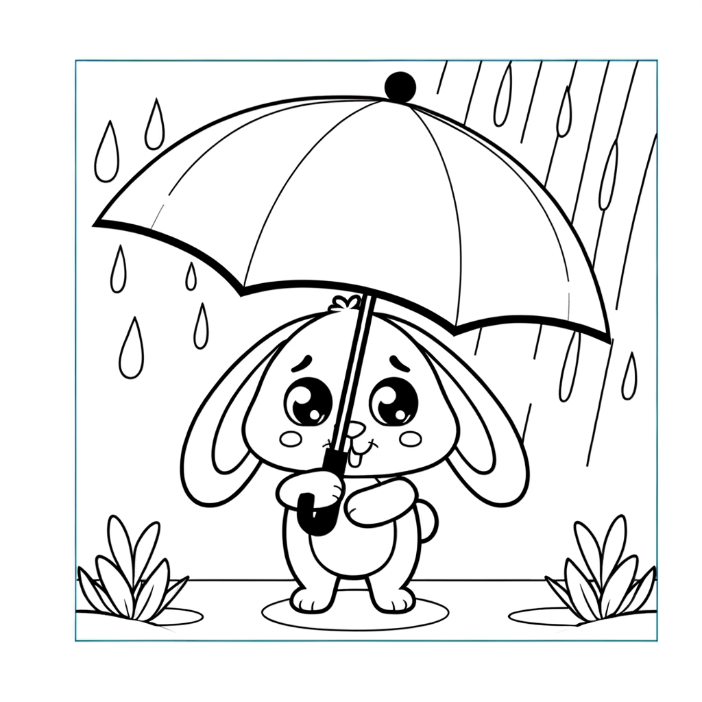 Coloring page of cute bunny rabbit holding umbrella under spring rain drops
