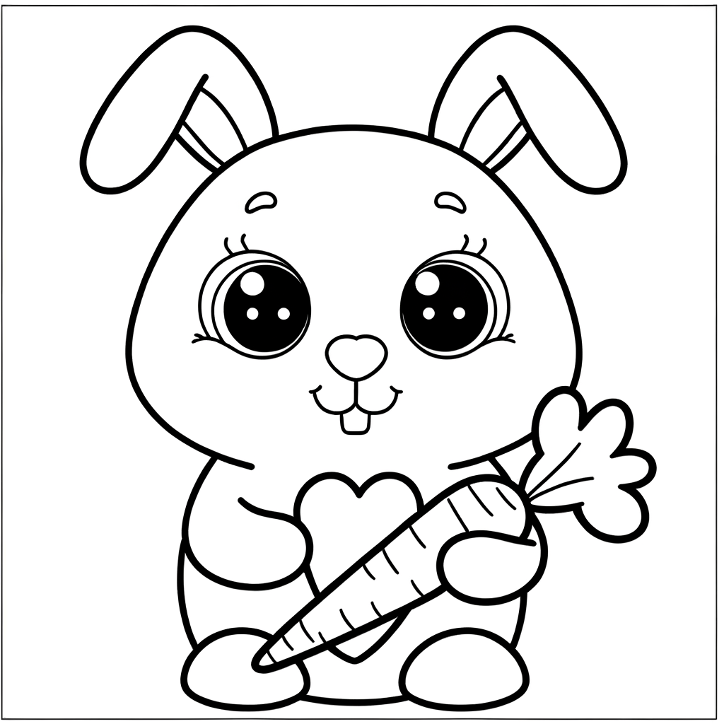 Cute bunny rabbit holding a heart-shaped carrot coloring page outline for kids