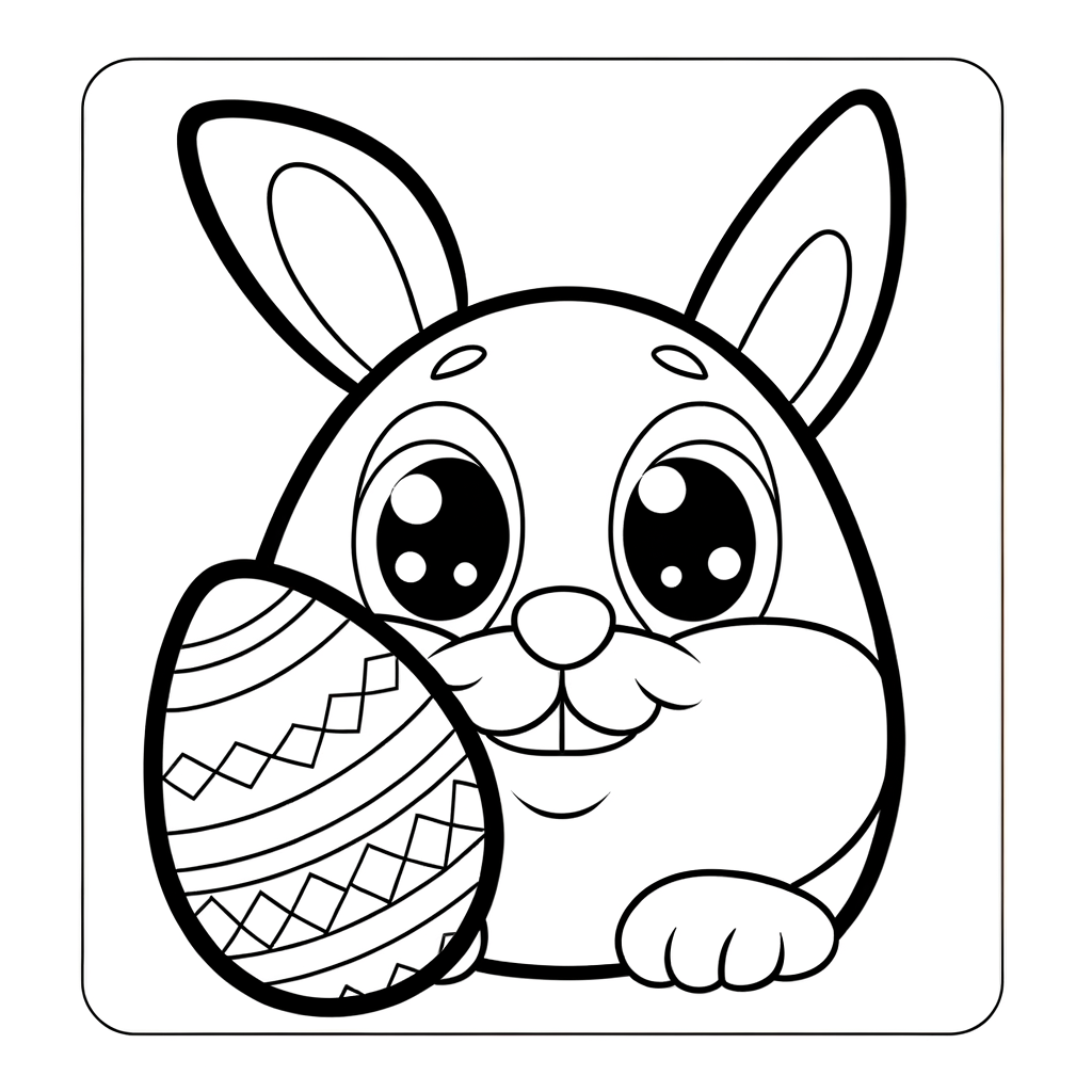 Coloring page of a cute bunny rabbit sitting beside a large decorative Easter egg