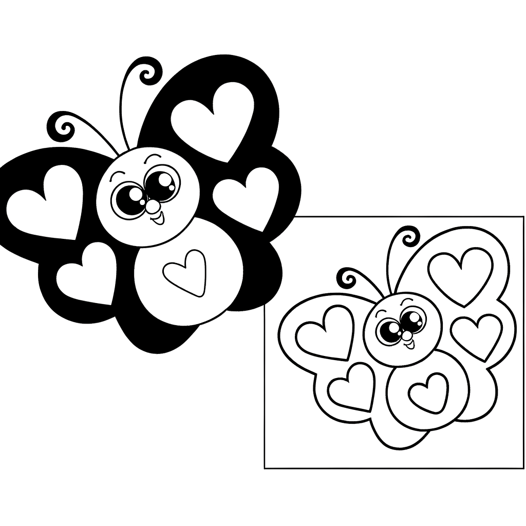 Butterfly coloring page with heart pattern designs on wings