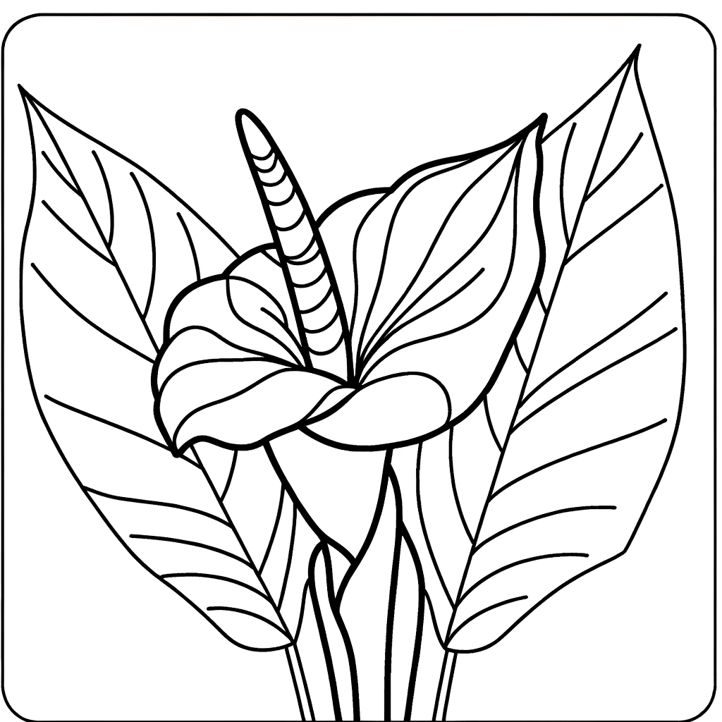 Canna lily coloring page with tropical flower design featuring large petals and leaves