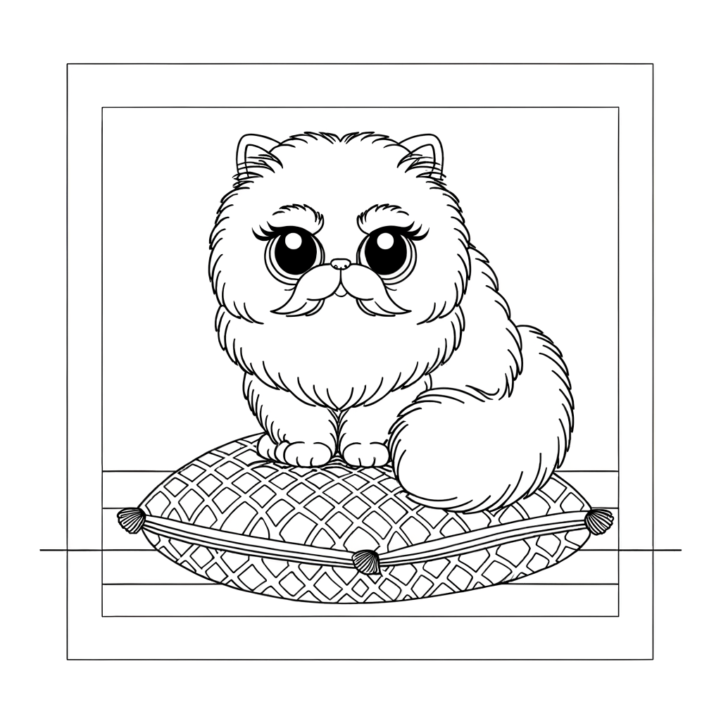 Coloring page of a cartoon-style Persian cat with fluffy fur sitting on a cushion