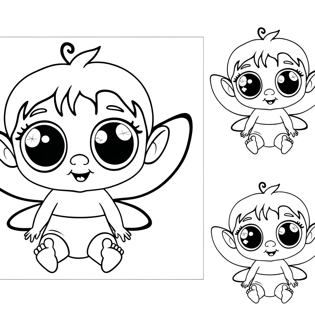 Coloring page of a cute cartoon baby fairy with small wings learning to fly