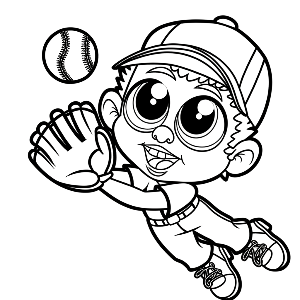 Cartoon baseball outfielder catching fly ball coloring page