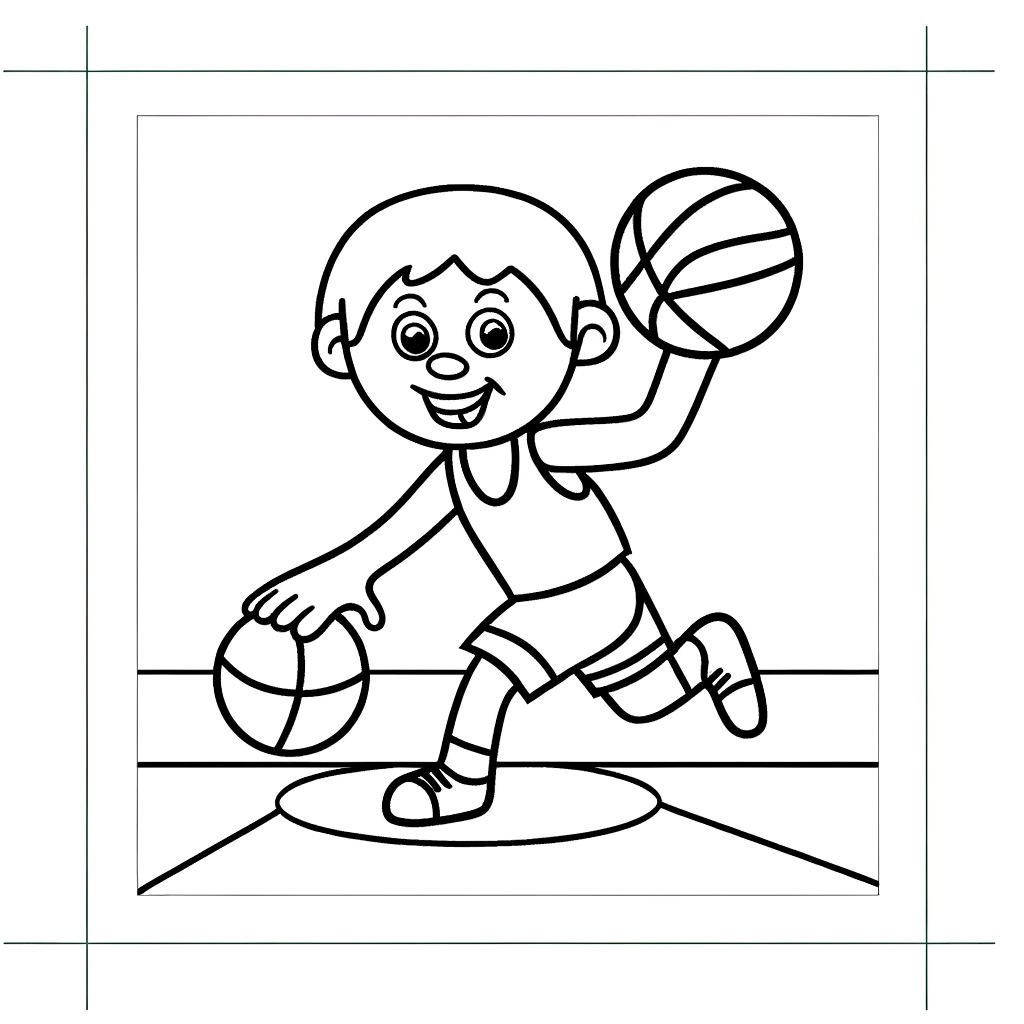 Cartoon basketball player dribbling ball down court coloring page