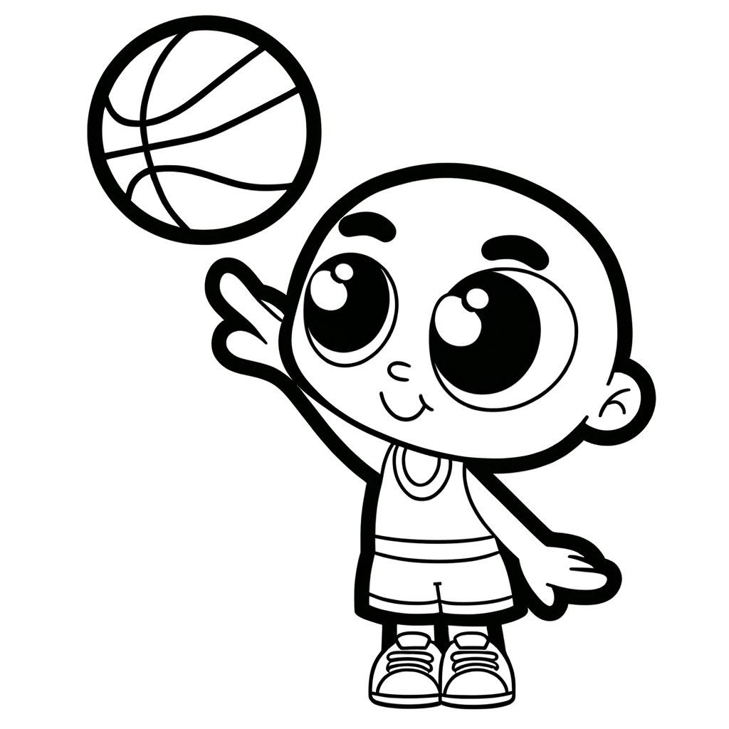 Cartoon basketball three-pointer shot coloring page showing ball in mid-flight