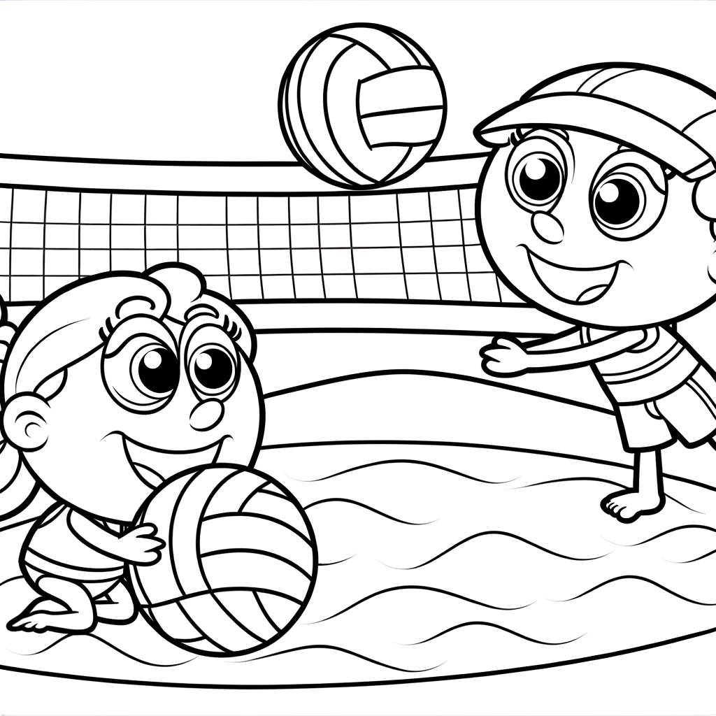 Cartoon beach volleyball match coloring page showing players on sand court