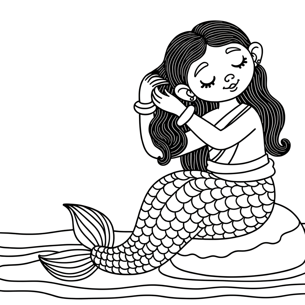 Cartoon mermaid sitting on rock combing long hair coloring page