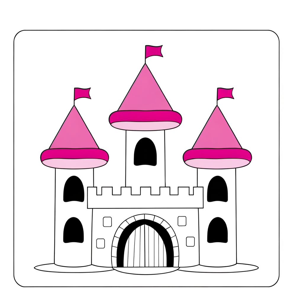Cartoon princess castle coloring page with pink towers and turrets for kids to color