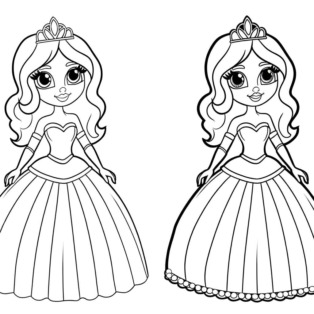 Coloring page of a cartoonlike beautiful princess in an elegant ballgown with tiara