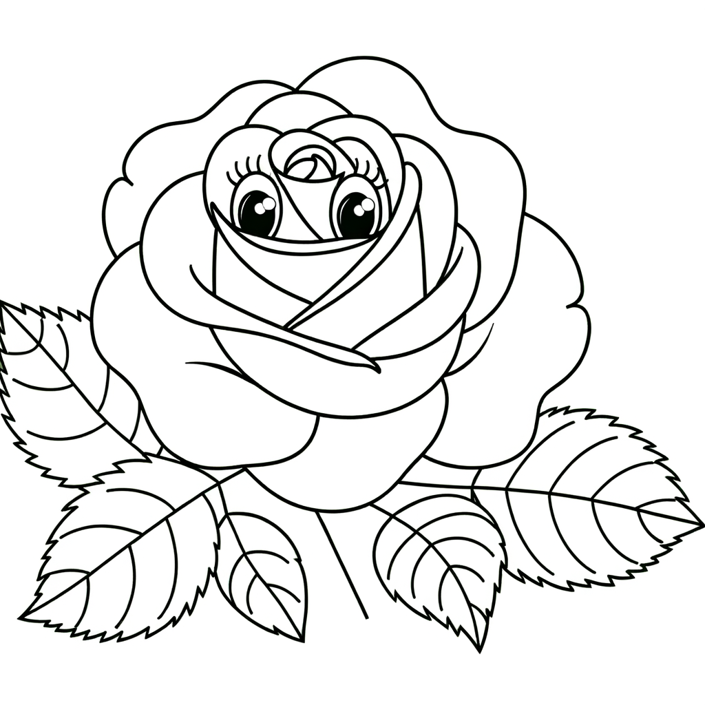 Cartoon rose coloring page with detailed petals and leaves outline drawing