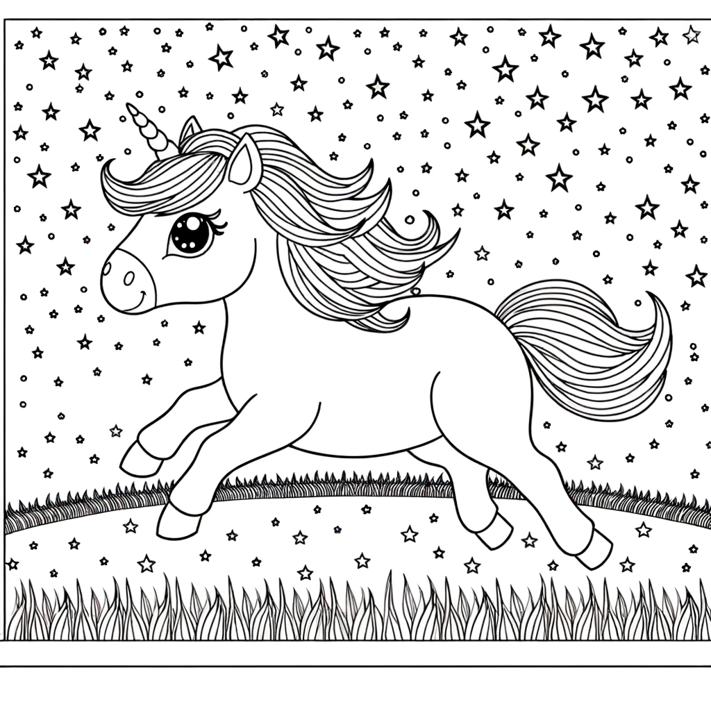 Cartoon unicorn galloping through a starlit field coloring page