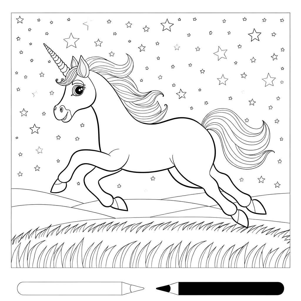 Coloring page of a cartoon unicorn galloping through a field under a starry night sky