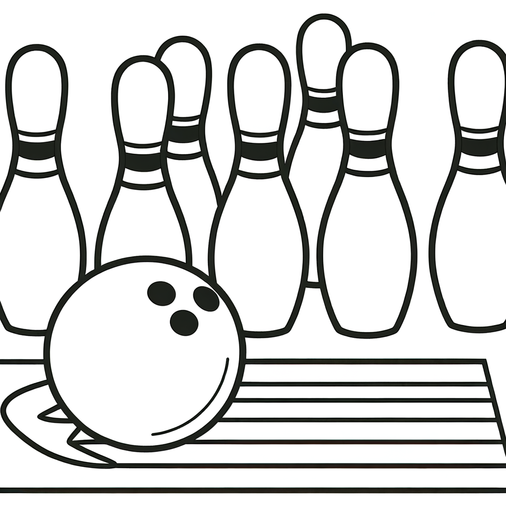 Cartoon bowling strike coloring page showing pins flying after being hit by bowling ball