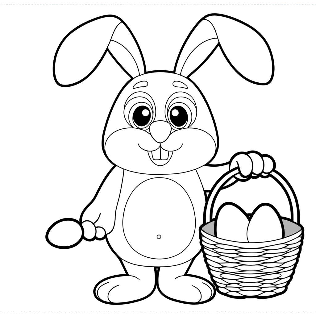 Cartoon bunny carrying woven basket full of Easter eggs coloring page