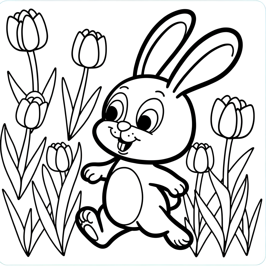 Cartoon bunny hopping through field of tulips coloring page for kids
