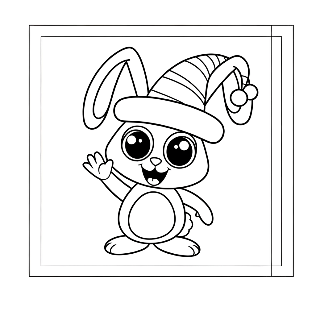 Cartoon bunny wearing Easter hat waving hello coloring page