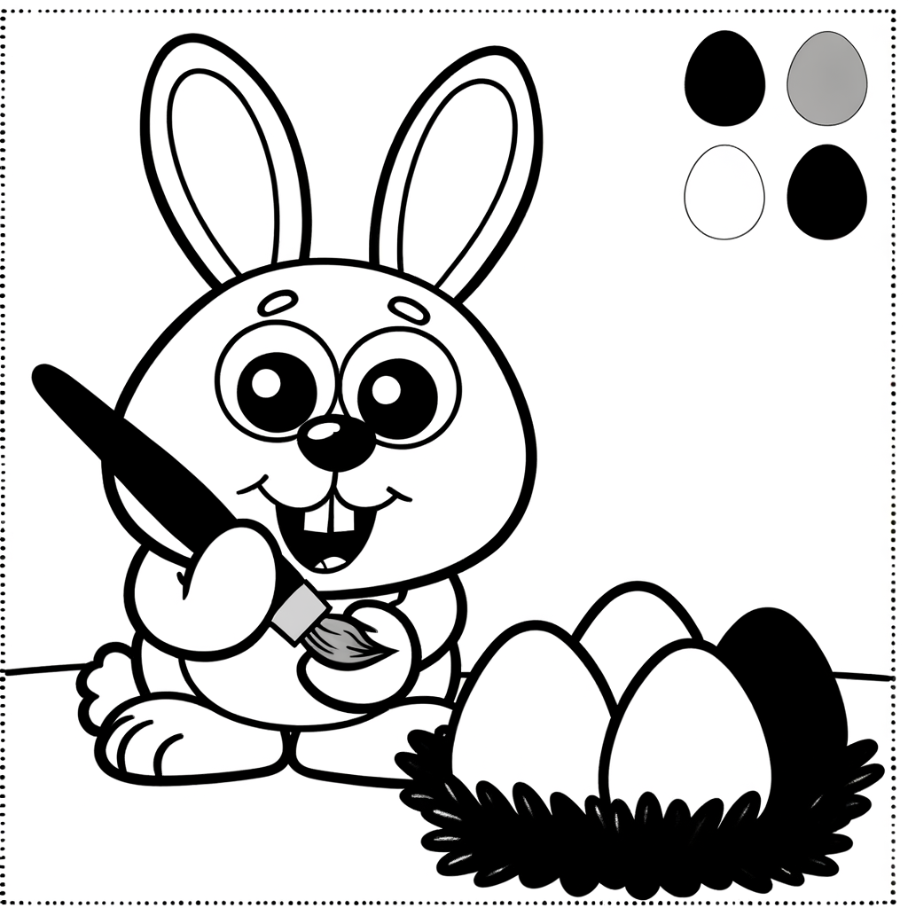 Cartoon bunny holding tiny brush painting decorative Easter eggs coloring page