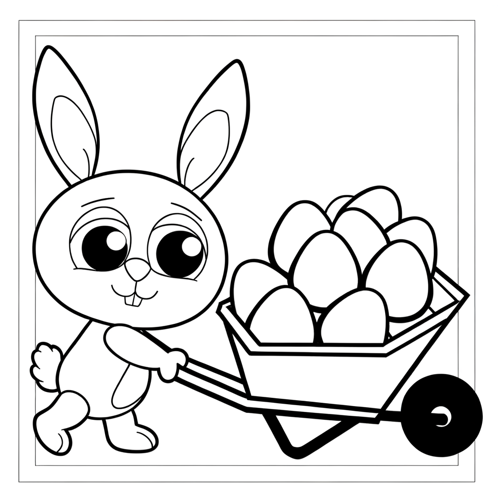 Cartoon bunny pushing wheelbarrow filled with Easter eggs coloring page