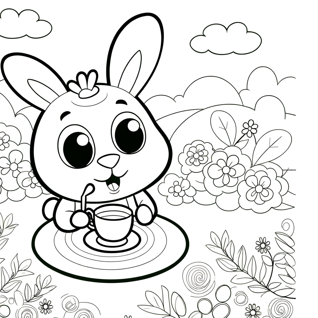 Cartoon bunny tea party coloring page with bunnies sitting around a table in a garden with flowers and teacups