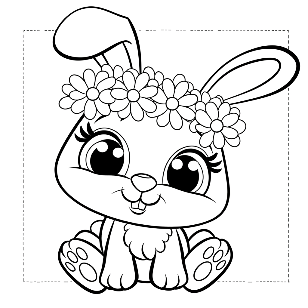 Cartoon bunny coloring page with flower crown headpiece